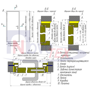 Чертёж двери ДПМ-1 с угловой коробкой (с порогом и без порога)